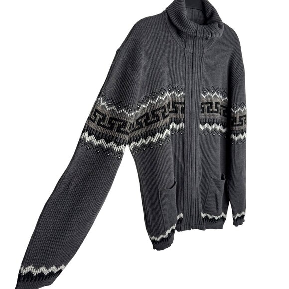 Vintage London Fog Men's XL Grey Geometric Fair Isle Zip-Up Sweater with Pockets - Picture 8 of 8